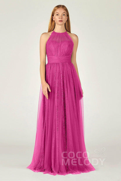 A-Line Floor Length Tulle Lace Bridesmaid Dress CB0377