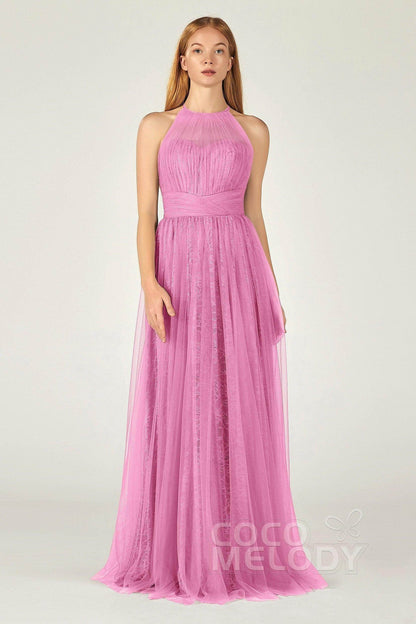A-Line Floor Length Tulle Lace Bridesmaid Dress CB0377