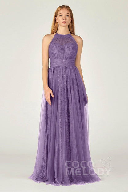 A-Line Floor Length Tulle Lace Bridesmaid Dress CB0377