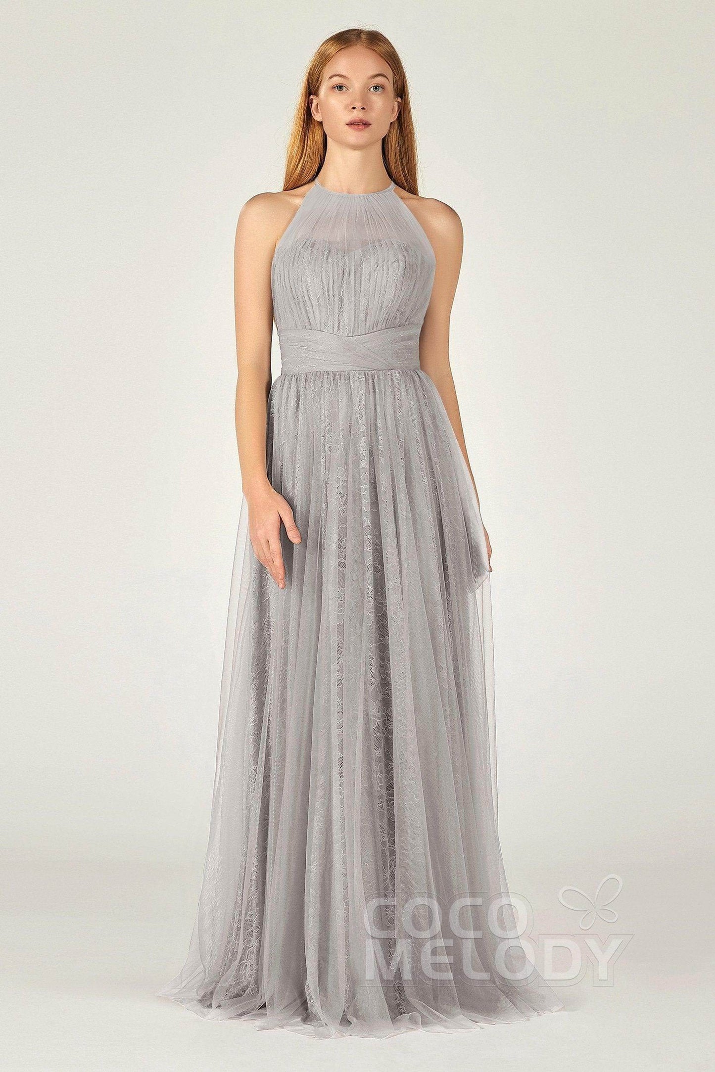 A-Line Floor Length Tulle Lace Bridesmaid Dress CB0377