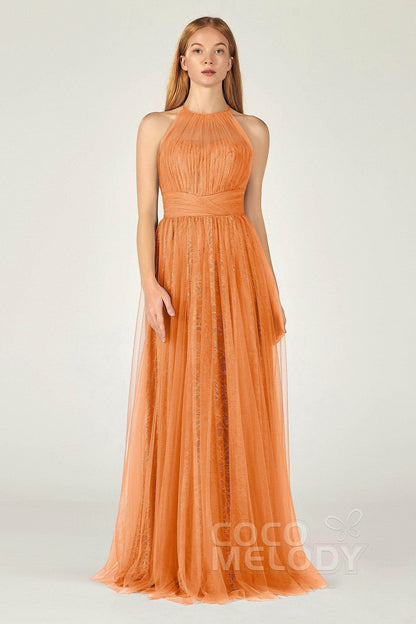 A-Line Floor Length Tulle Lace Bridesmaid Dress CB0377