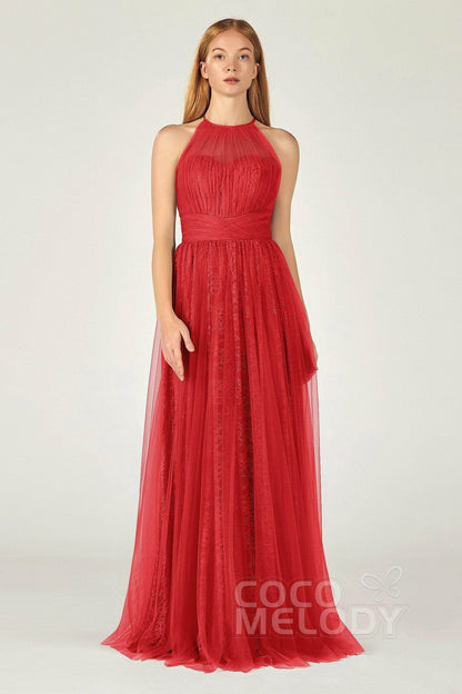 A-Line Floor Length Tulle Lace Bridesmaid Dress CB0377
