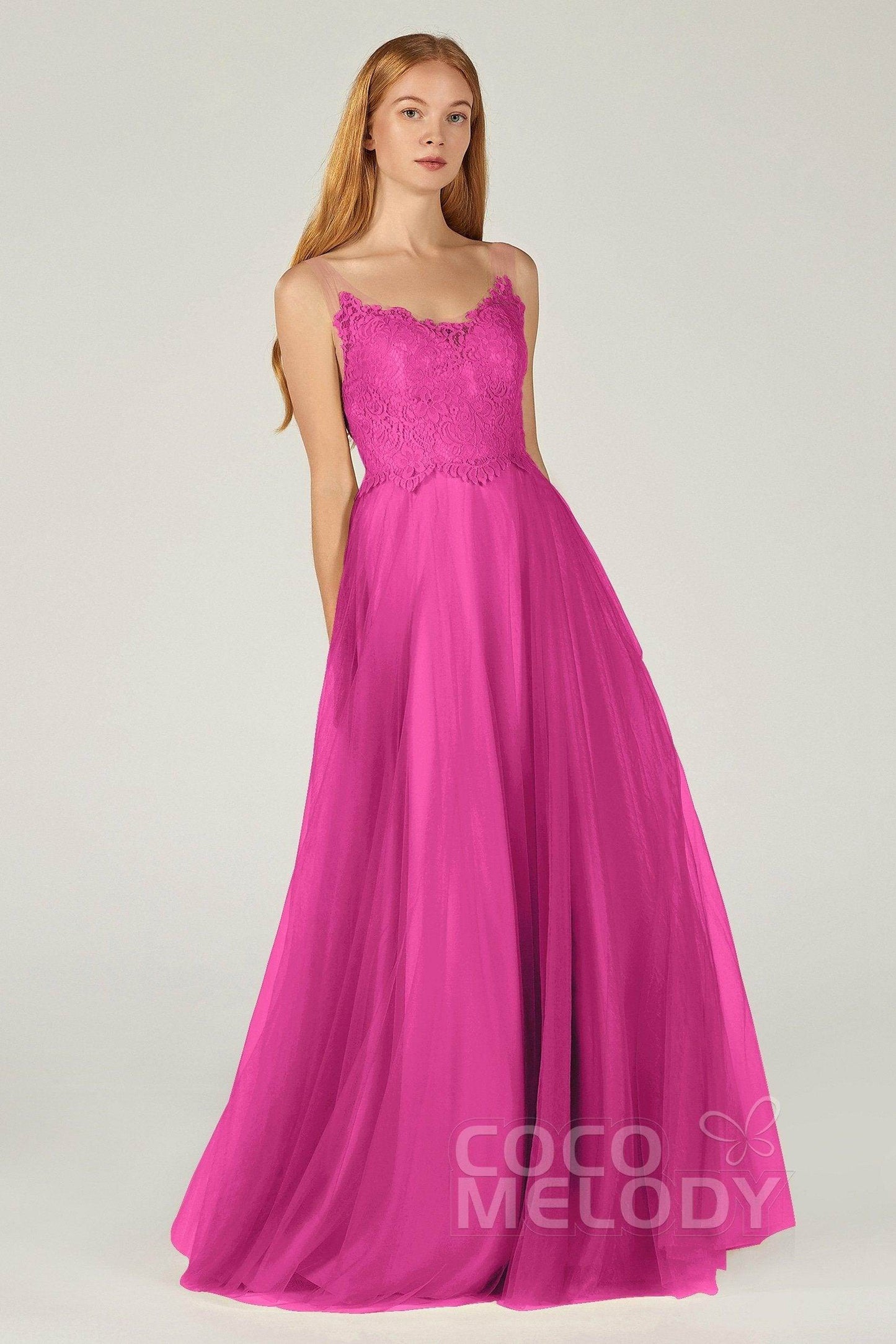 A-Line Floor Length Tulle Lace Bridesmaid Dress CB0378