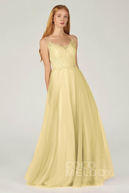 A-Line Floor Length Tulle Lace Bridesmaid Dress CB0378