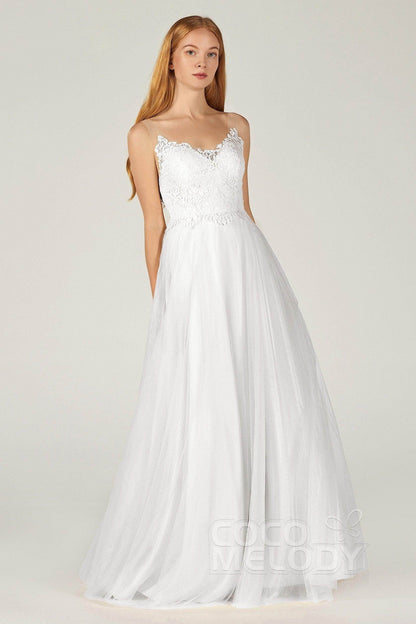 A-Line Floor Length Tulle Lace Bridesmaid Dress CB0378