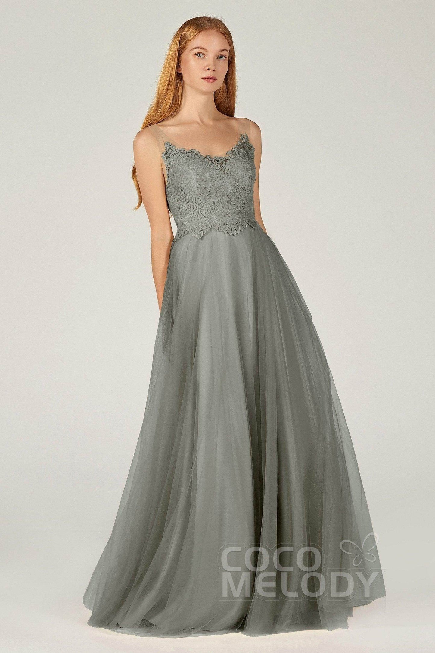 A-Line Floor Length Tulle Lace Bridesmaid Dress CB0378