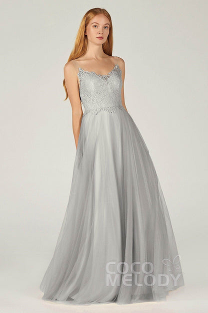 A-Line Floor Length Tulle Lace Bridesmaid Dress CB0378