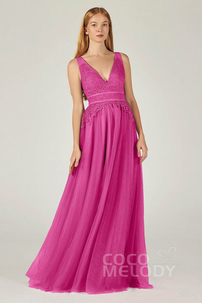 A-Line Floor Length Tulle Lace Bridesmaid Dress CB0379
