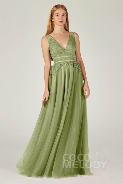 A-Line Floor Length Tulle Lace Bridesmaid Dress CB0379