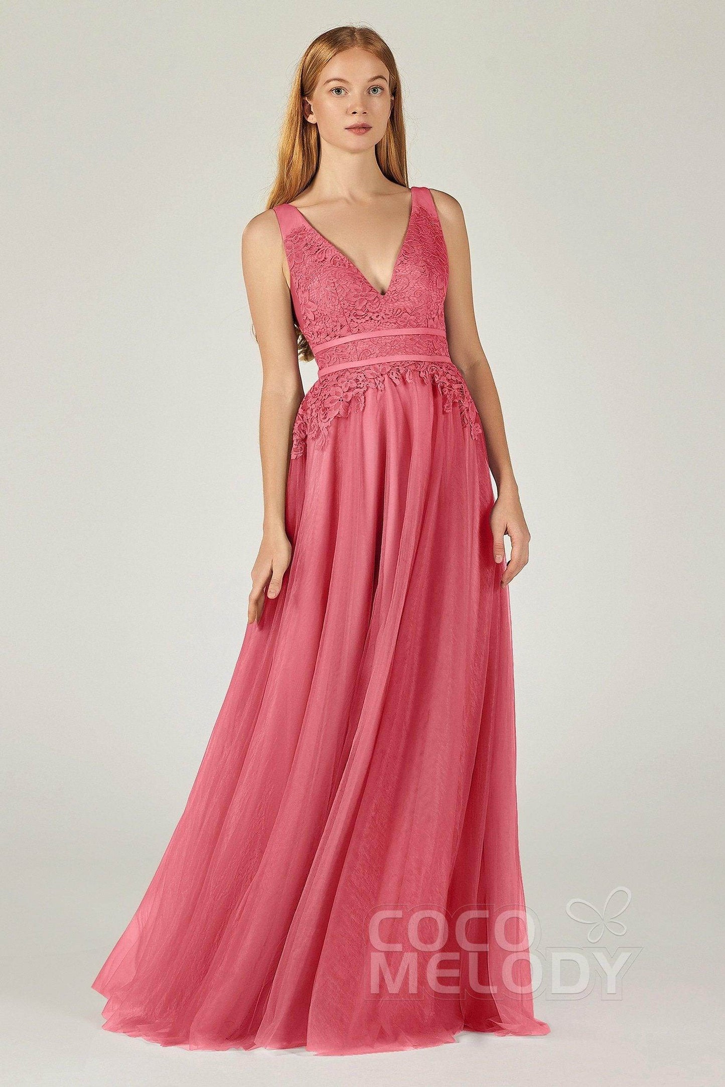 A-Line Floor Length Tulle Lace Bridesmaid Dress CB0379