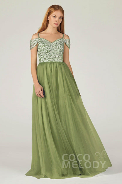 A-Line Floor Length Tulle Lace Bridesmaid Dress CB0384