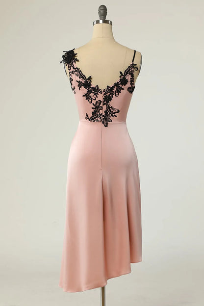 Tight V-neck black nude knee length party dress