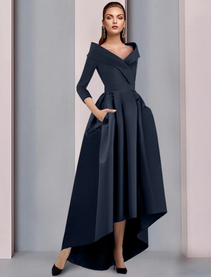 A-Line Mother of the Bride Dress Elegant High Low Sweet Strap Asymmetrical Satin Sleeve with Pleat
