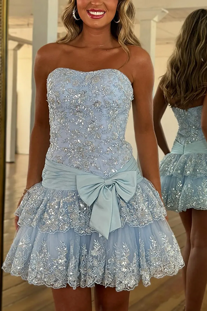 Cute Strapless A-Line Sequins Appliques Short Homecoming Dress with Ruffles
