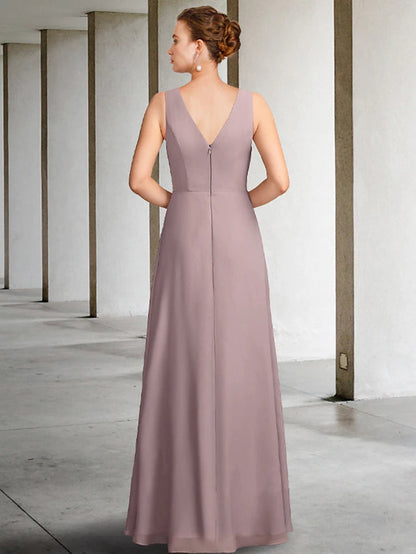 Two Piece Mother of the Bride Dress Plus Size Elegant V Neck Floor Length Chiffon Sleeveless Wrap Included Jacket Dresses with Pleats