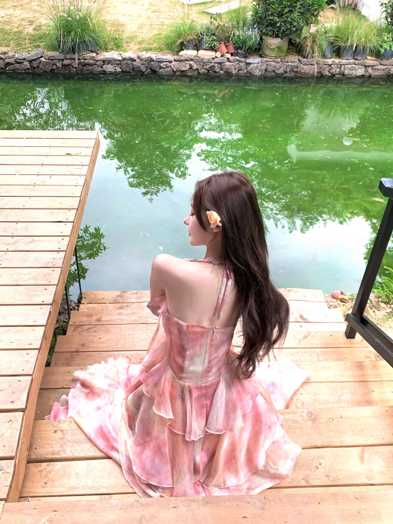 New Fashion Pink Floral Design A-line Beach Holiday Halter Dress HZ1024