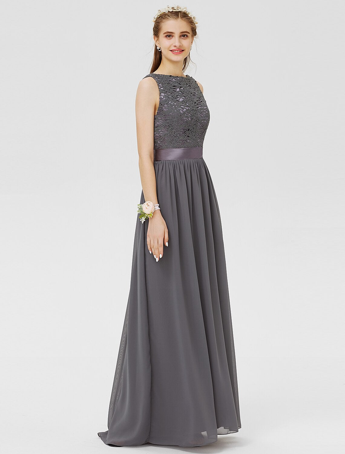 Sheath / Column Bateau Floor Length Chiffon / Floral Lace Bridesmaid Dress with Lace / Sash / Ribbon / Pleats
