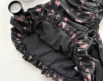 New Fashion Floral Satin Side Waist Lacing Design A-line Sleeveless Spaghetti Strap Dress HZ1024