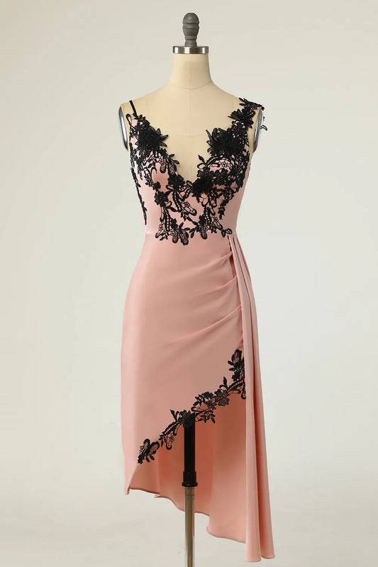 Tight V-neck black nude knee length party dress