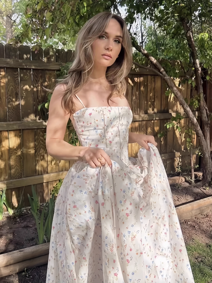 Chic Floral A-Line Spaghetti Strap Long Party Dress HZ1024