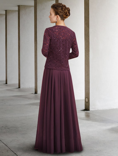 Two Piece A-Line Mother of the Bride Dress Elegant Floor Length Chiffon Lace Half Sleeve with Pleats