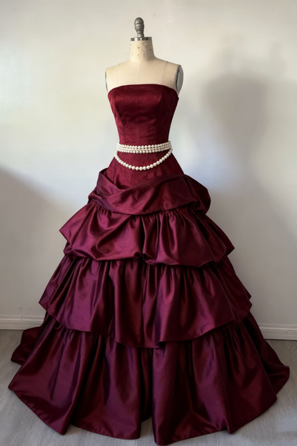 Burgundy Satin Strapless Prom Dress Vintage Formal Gown