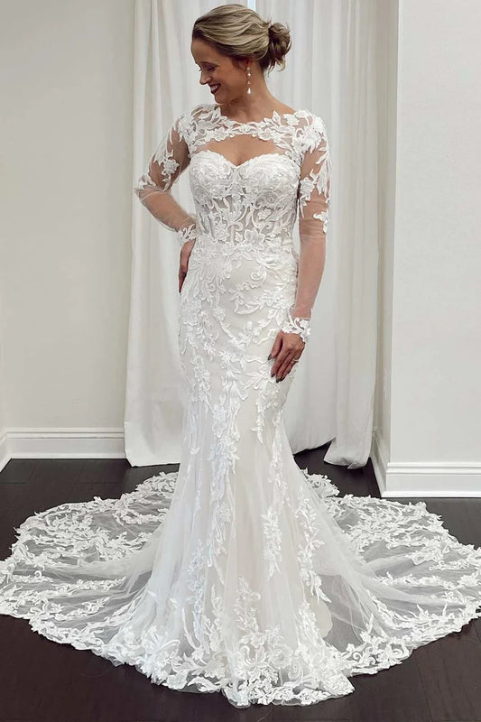 Lace Cutout Long Sleeves Trumpet Bridal Gown