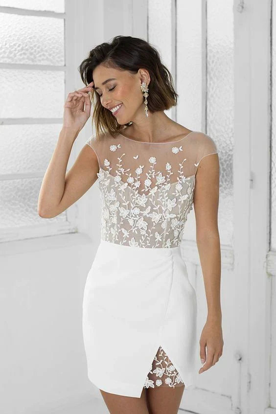 Vintage White Applique Homecoming Dress Sheath Party Dress Short Cocktail Dress HZ1024