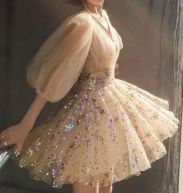 Chic Shiny Champagne Sequin Homecoming Dress V-neck Party Dress Short A-Line Cocktail Dress HZ1024