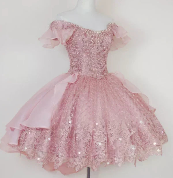 Vintage Shiny Pink Beaded Homecoming Dress Off-the-shoulder Party Dress Short A-Line Cocktail Dress HZ1024