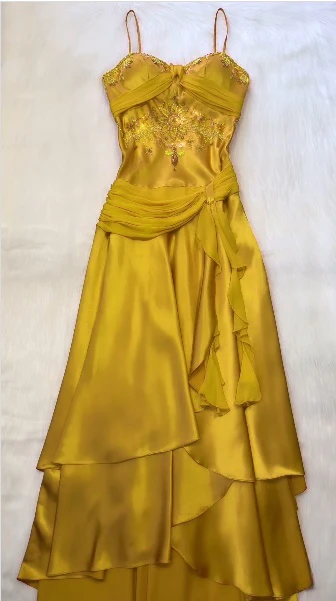 Spaghetti Straps Long Orange Party Dress Satin Evening Gown
