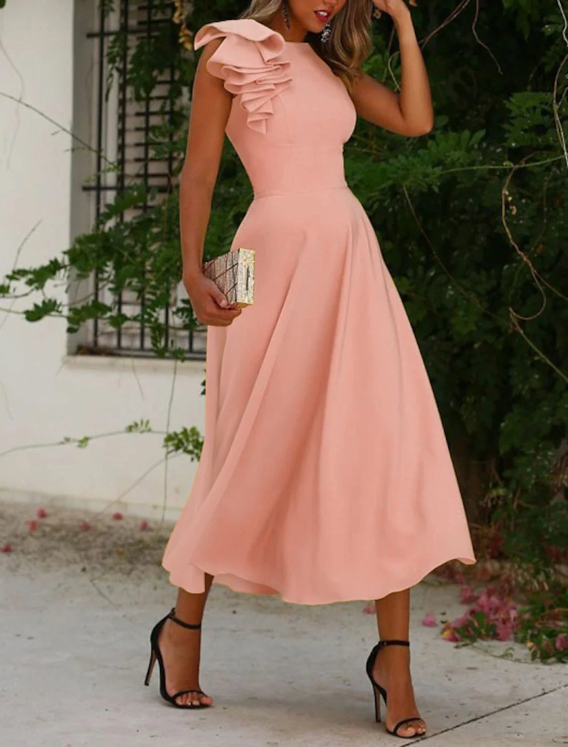 A-Line Cocktail Dresses Minimalist Dress Homecoming Wedding Guest Ankle Length Sleeveless Jewel Neck Fall Wedding Guest  Fabric with Ruffles Pure Color