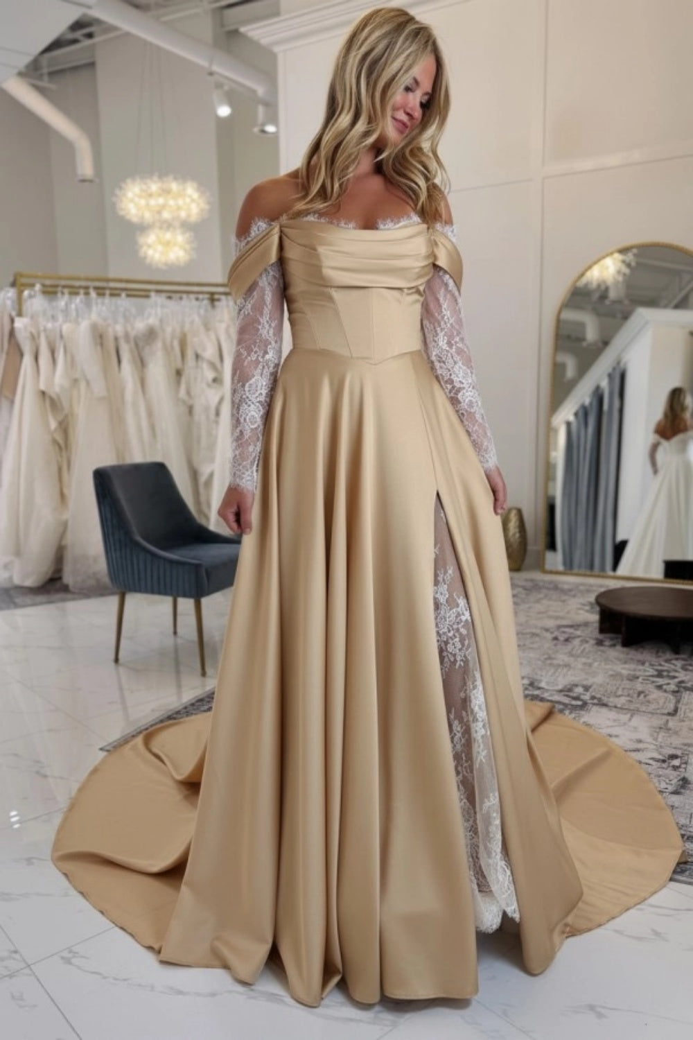 Off-the-Shoulder Satin Wedding Dress Aline Long Sleeves Lace Bridal Dress with Split