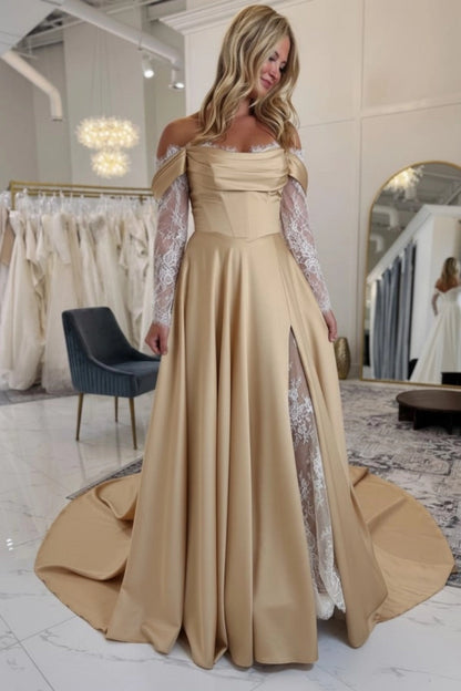 Off-the-Shoulder Satin Wedding Dress Aline Long Sleeves Lace Bridal Dress with Split