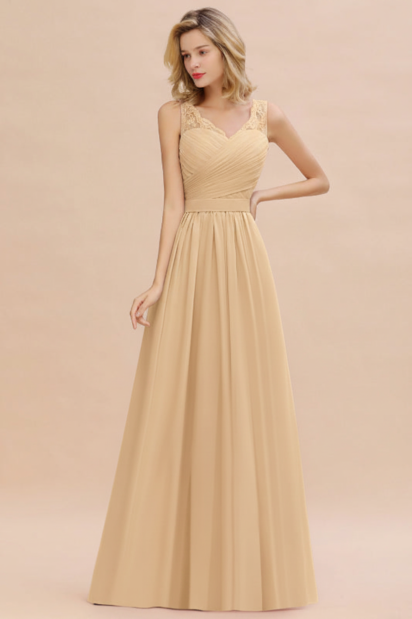 Modest Floral Lace A-line Bridesmaid Dress V-Neck Ruched Chiffon Wedding Guest Dress