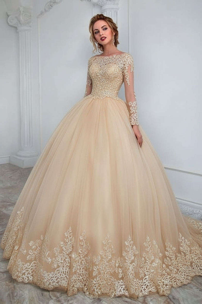White Aline Wedding Gown Long Sleeves Tulle Bridal Dress with Lace Appliques