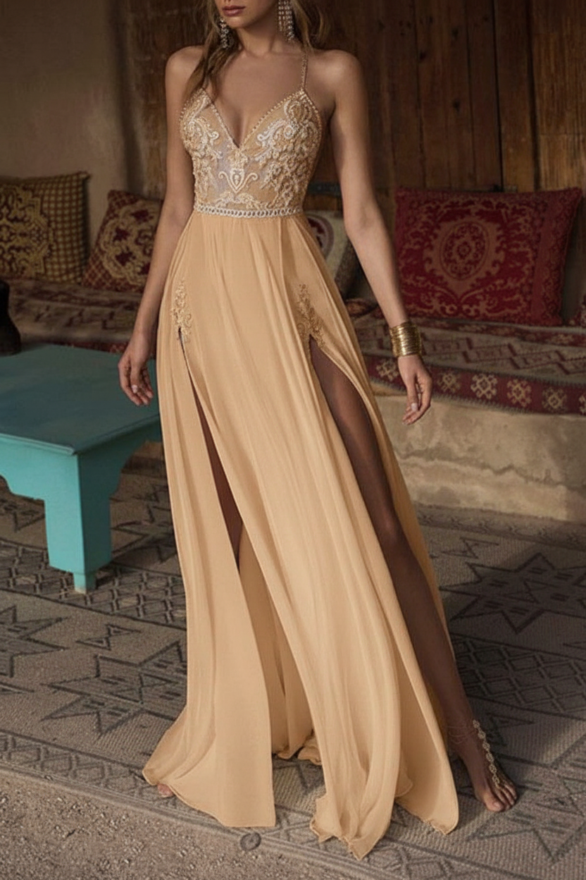 Bohemian Lace Wedding Dress V-Neck Beaded Backless Beach Bridal Gown with Double Slits