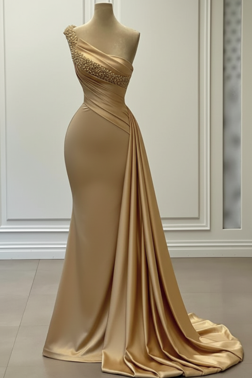 Delicate One-Shoulder Beaded Sleeveless Ruched Satin Wedding Dress
