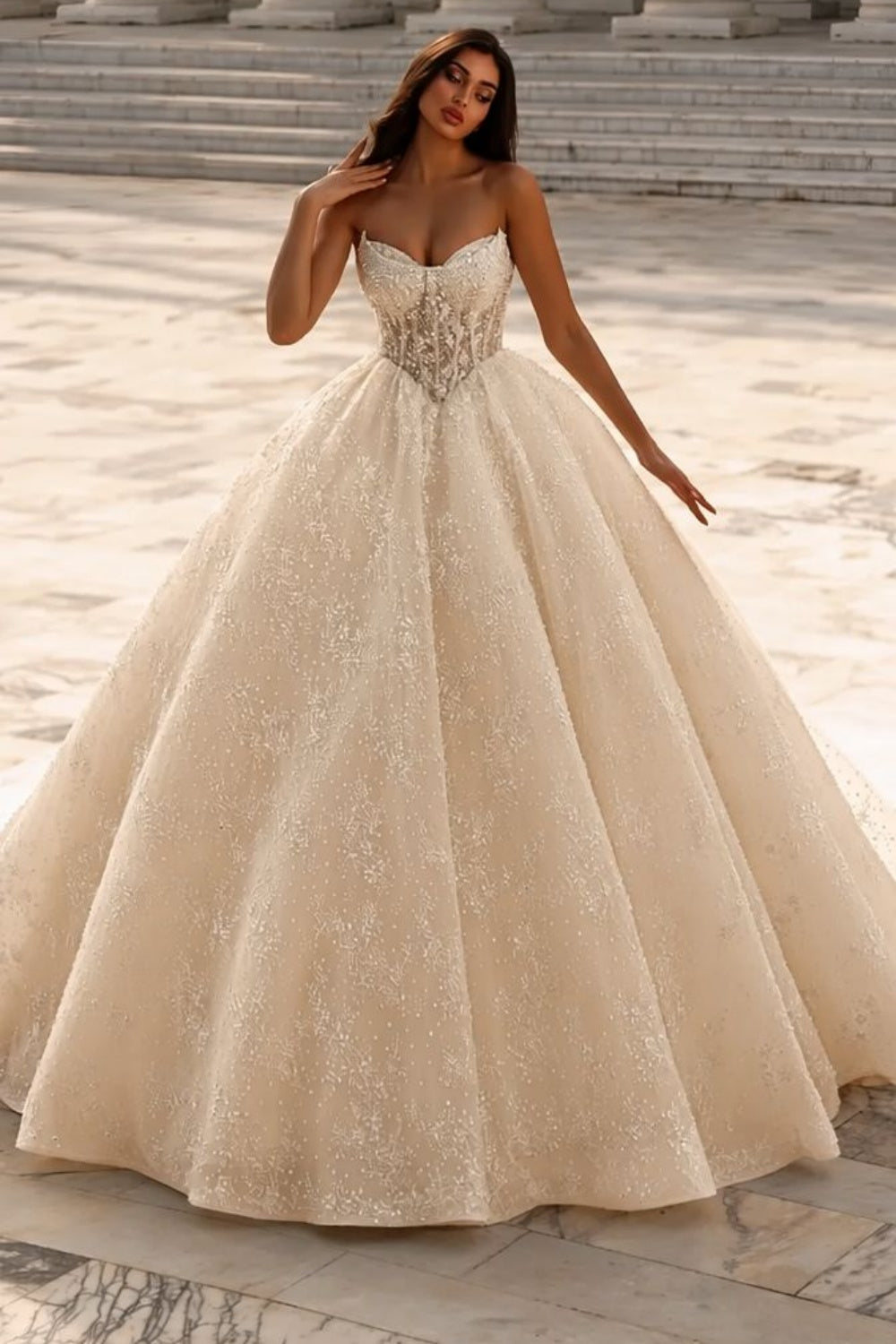 Luxury Glitter Strapless Aline Ball Gown Wedding Dress with Beadings