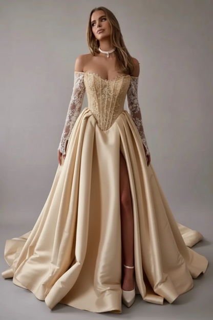 Gorgeous Off-the-Shoulder Satin Aline Wedding Dresses Front Split Long Sleeves Bridal Gown