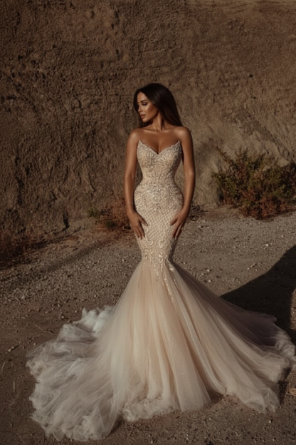 Gorgeous Sweetheart Tulle Bridal Dress Sleeveless Beading Mermaid Wedding Gown