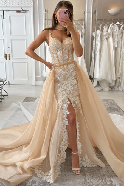 Gorgeous Tulle Lace Ivory Mermaid Wedding Dress Front Split with Detachable Train