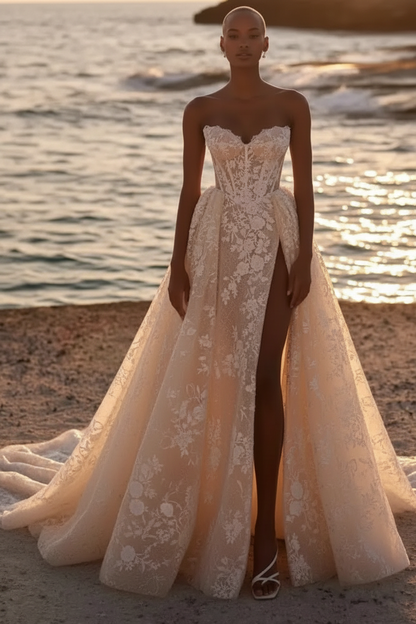 Strapless Aline Bridal Dress Lace Appliques Beach Wedding Dress with Front Split