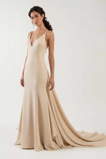 White Simple Wedding Dress Spaghetti Straps Satin V-Neck Sleeveless Ruffles Mermaid Bridal Dresses