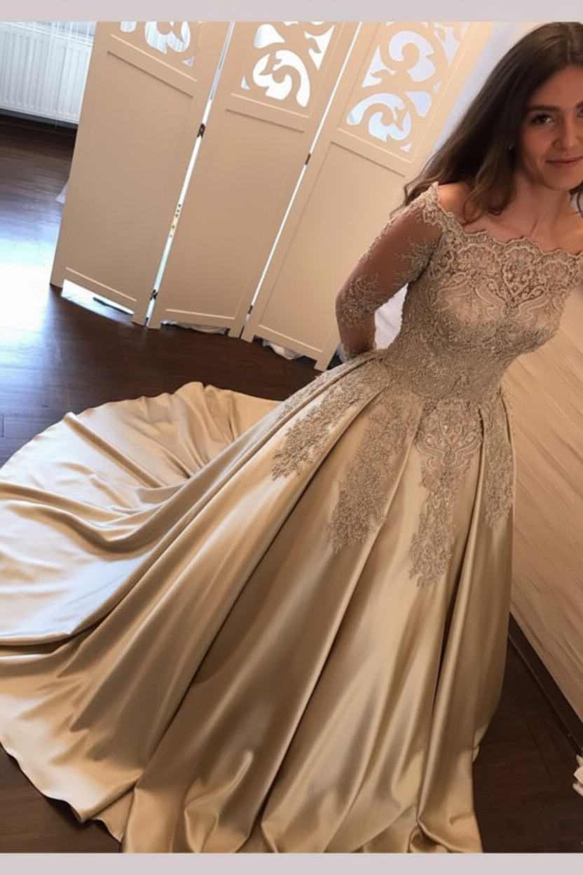 Chic Gold Off Shoulder Long Sleeve Ball Gown Appliques Satin Prom Dress