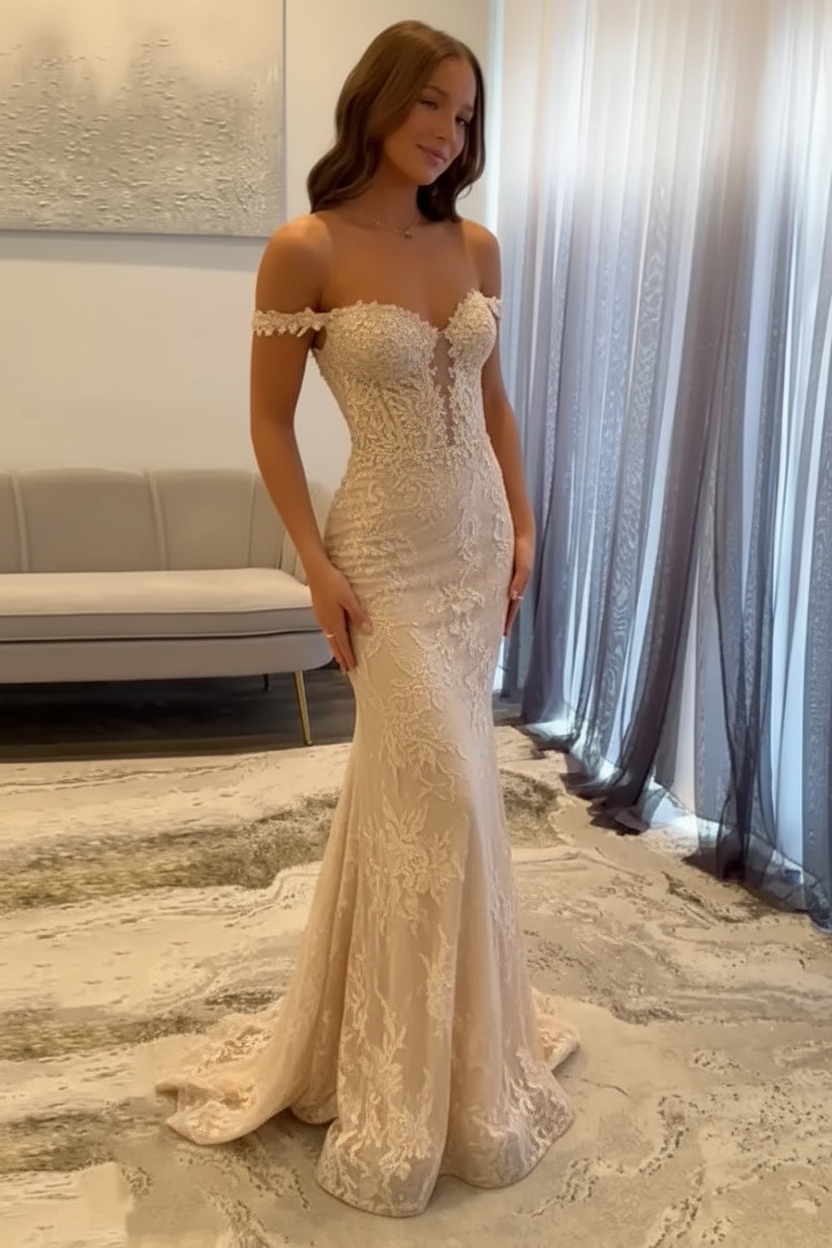 Off-the-Shoulder Mermaid Evening Dress Lace Prom Dress Long