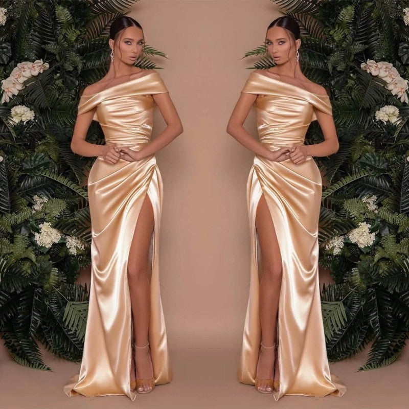 Champagne Off-The-Shoulder Mermaid Prom Dress with Split