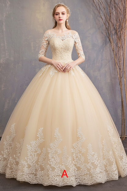 Princess Wedding Dresses Lace Illusion Half Sleeve Floor Length Bridal Gown