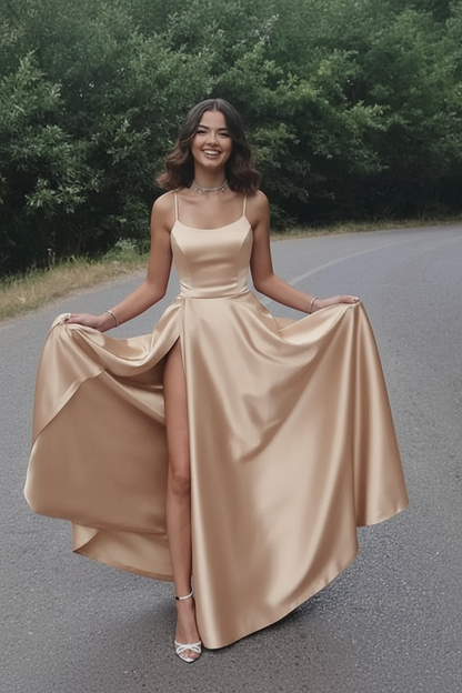 Simple A Line Red Satin Prom Dresses Long with High Slit Formal Graduation Evening Dresses