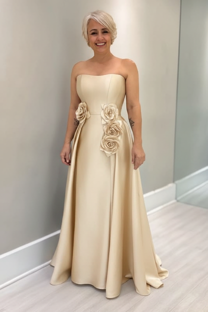 Dusty Blue Satin Mother of the Bride Dress Strapless with Flowers